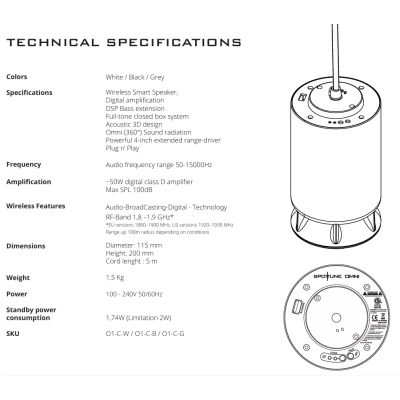 SPOTTUNE 01-C-W  Omni Cord Wireless pendant speaker (White)