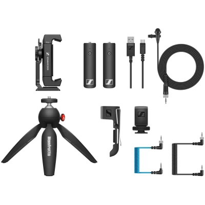 Sennheiser XSW-D Portable Lav Mobile Kit with Transmitter, Receiver, Lapel Mic, Mounts & Manfrotto PIXI Tabletop Stand