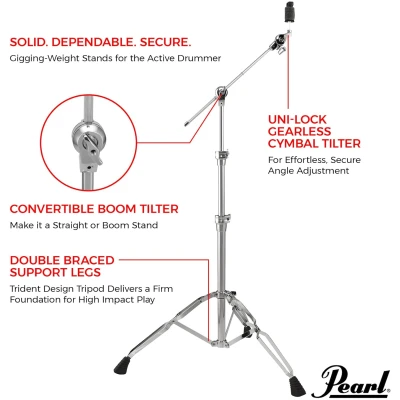 Pearl BC930 Double-Braced Cymbal Boom Stand, Heavy Weight Boom Stand with Gearless UniLock Cymbal Tilter