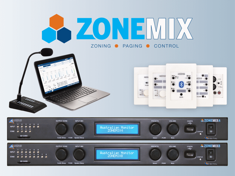 Australian Monitor ZONEMIX4 4-Zone Mixer & Paging System with Mono/Stereo Outputs Australian Monitor ZONEMIX4 4-Zone Mixer & Paging System with Mono/Stereo Outputs